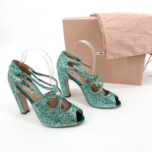 Miu Miu Aqua Blue-Green Coarse Glitter Buckled Open-Toe Strappy Sandal IT 39